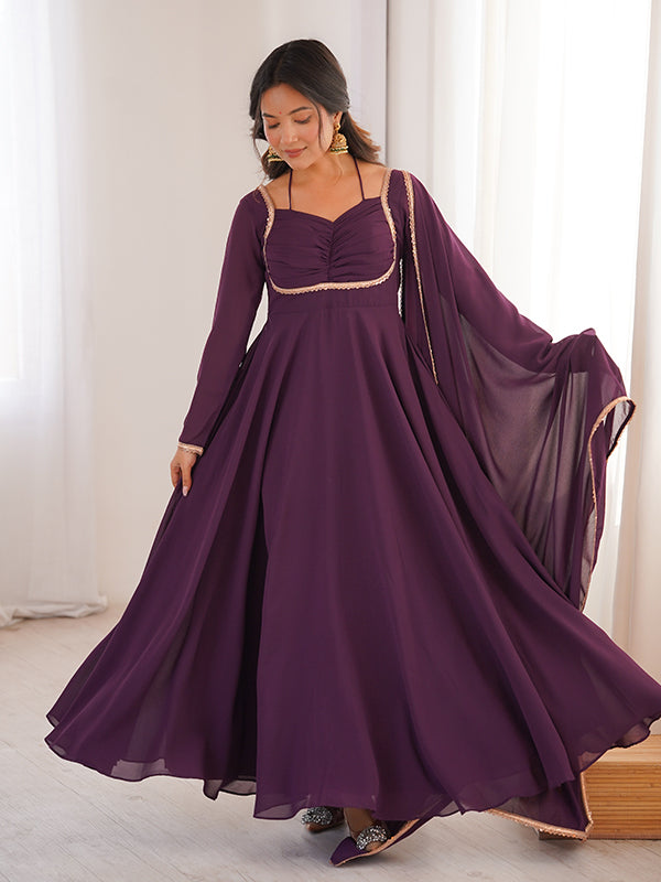 Wine Fox Georgette Umbrella Flair Fancy Neck Gown With Dupatta