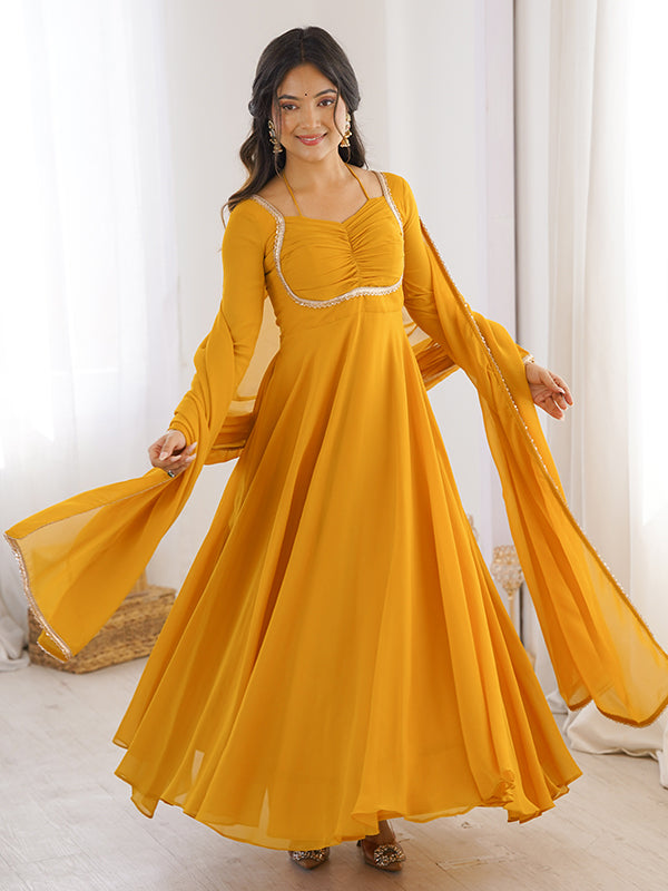 Yellow Fox Georgette Umbrella Flair Fancy Neck Gown With Dupatta