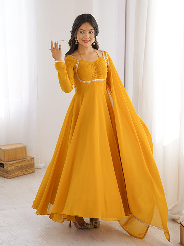 Yellow Fox Georgette Umbrella Flair Fancy Neck Gown With Dupatta