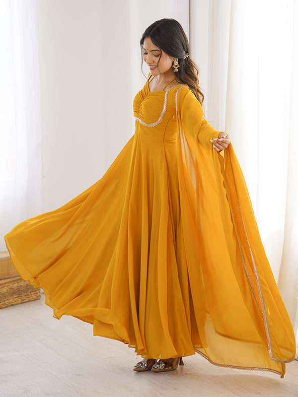 Yellow Fox Georgette Umbrella Flair Fancy Neck Gown With Dupatta
