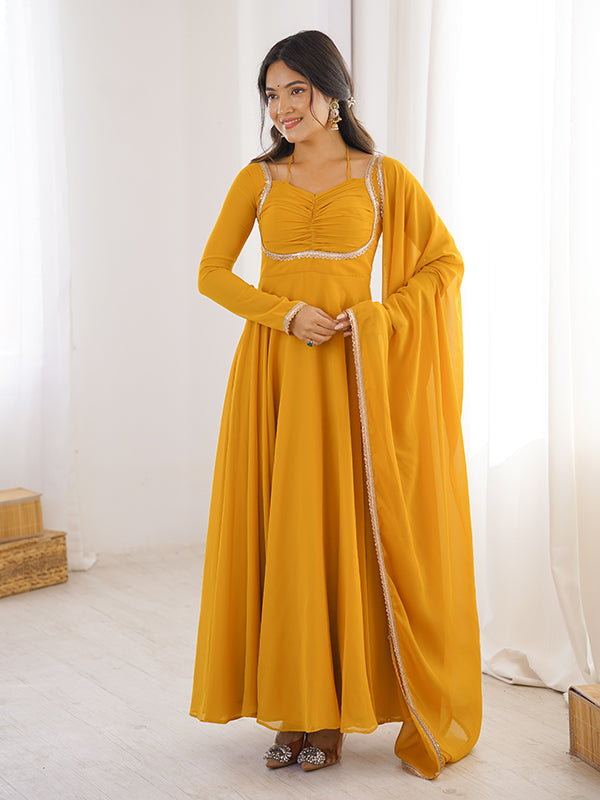 Yellow Fox Georgette Umbrella Flair Fancy Neck Gown With Dupatta