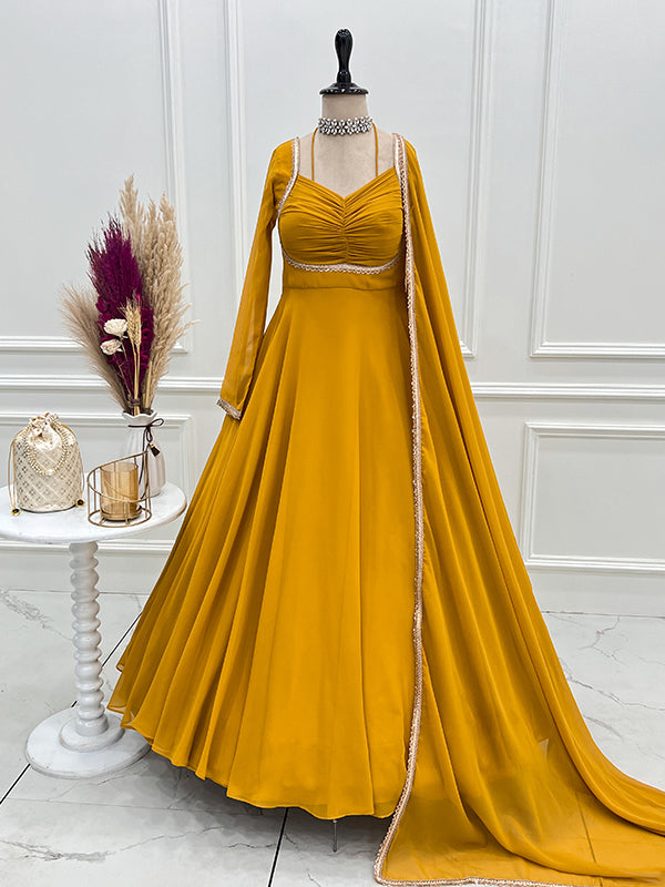 Yellow Fox Georgette Umbrella Flair Fancy Neck Gown With Dupatta