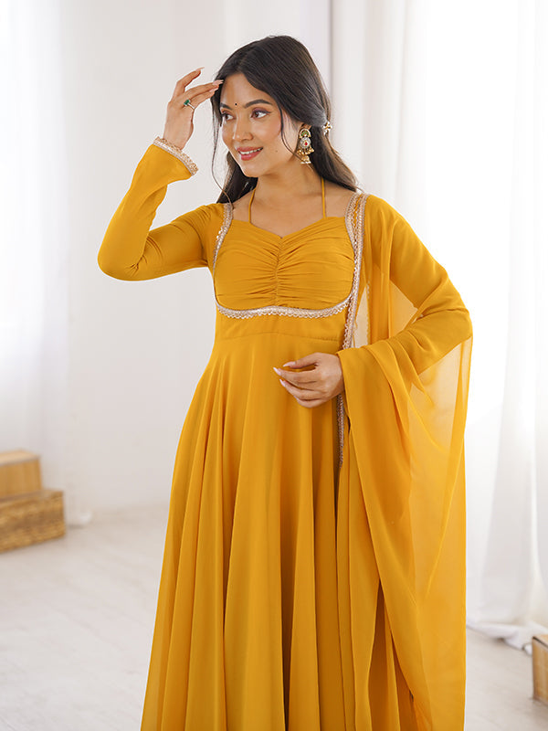 Yellow Fox Georgette Umbrella Flair Fancy Neck Gown With Dupatta