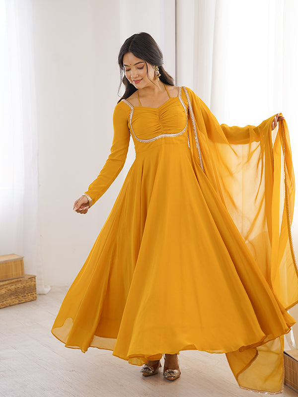 Yellow Fox Georgette Umbrella Flair Fancy Neck Gown With Dupatta