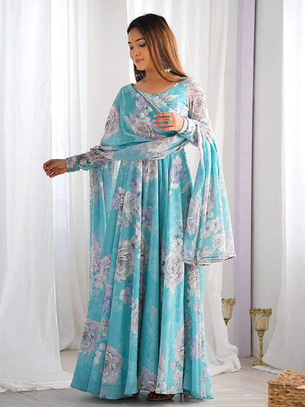 Sky Blue Fox Georgette Floral Printed Gown With Dupatta