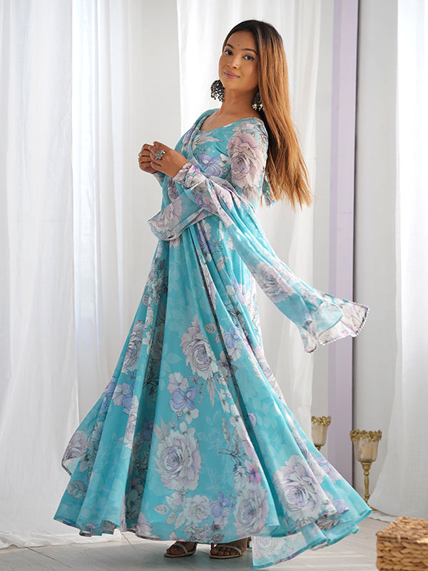 Sky Blue Fox Georgette Floral Printed Gown With Dupatta