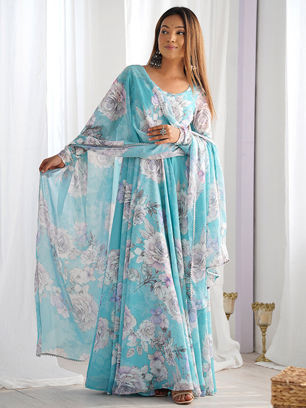 Sky Blue Fox Georgette Floral Printed Gown With Dupatta