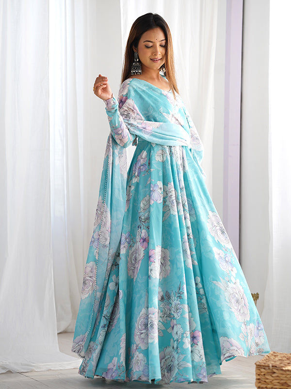 Sky Blue Fox Georgette Floral Printed Gown With Dupatta