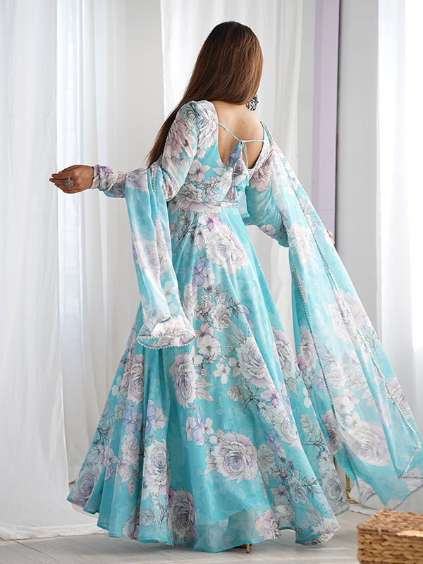 Sky Blue Fox Georgette Floral Printed Gown With Dupatta