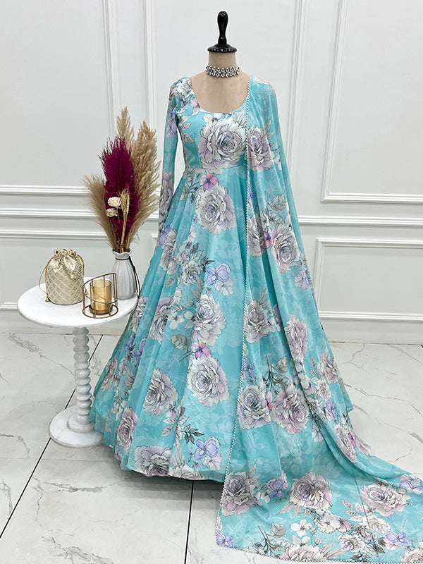 Sky Blue Fox Georgette Floral Printed Gown With Dupatta