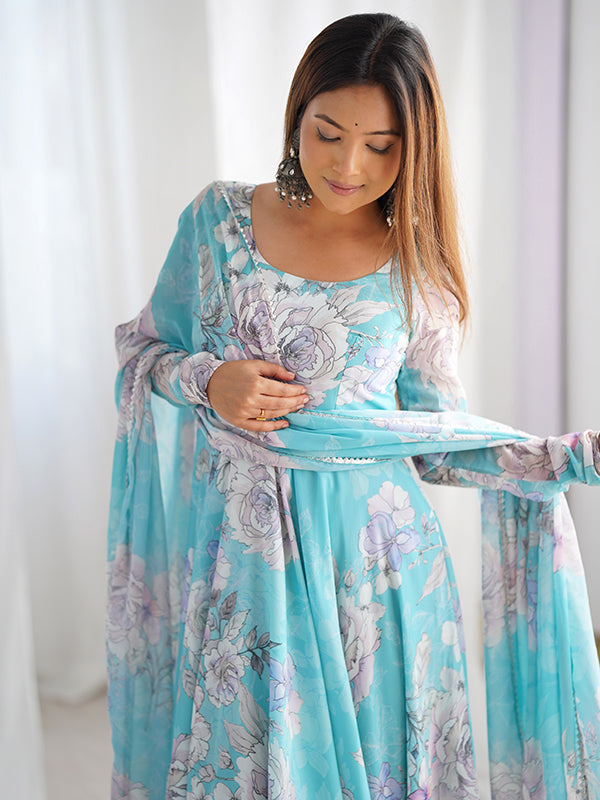 Sky Blue Fox Georgette Floral Printed Gown With Dupatta