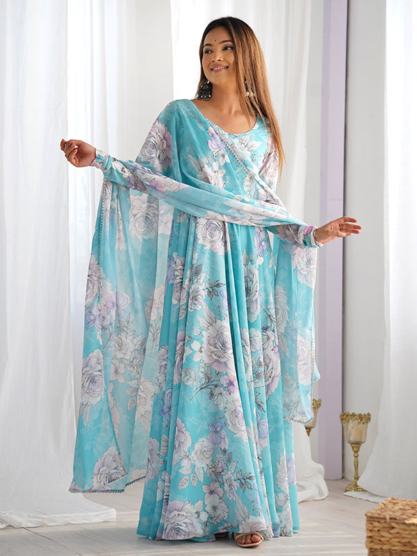 Sky Blue Fox Georgette Floral Printed Gown With Dupatta