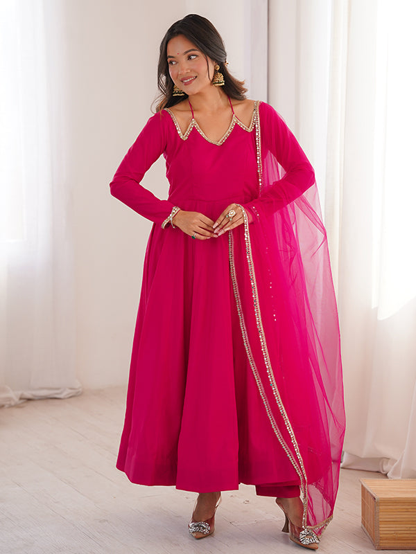 Dark Pink Roman Silk Chanderi Umbrella Flair Gown With Net Dupatta