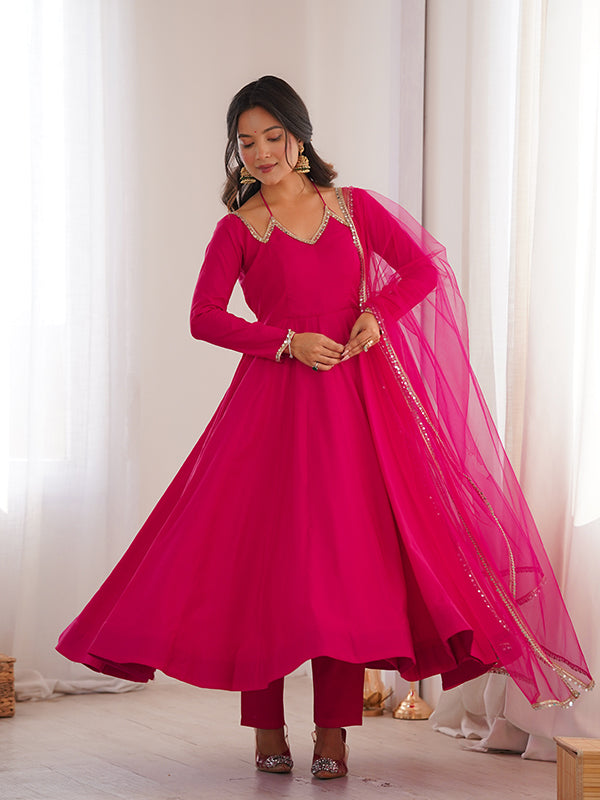 Dark Pink Roman Silk Chanderi Umbrella Flair Gown With Net Dupatta