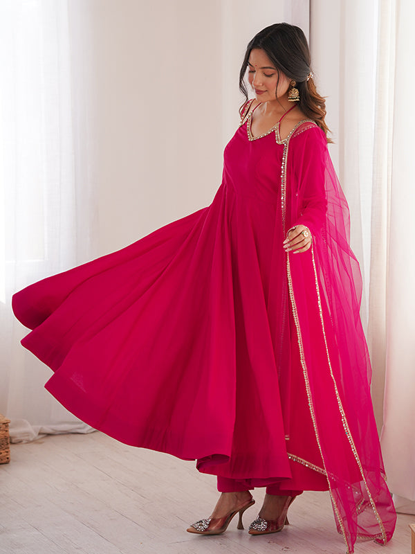 Dark Pink Roman Silk Chanderi Umbrella Flair Gown With Net Dupatta