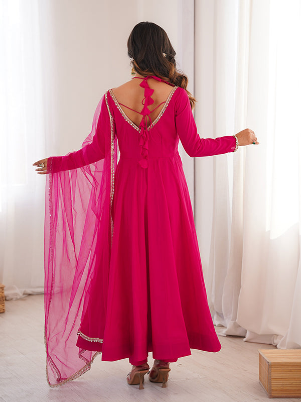Dark Pink Roman Silk Chanderi Umbrella Flair Gown With Net Dupatta