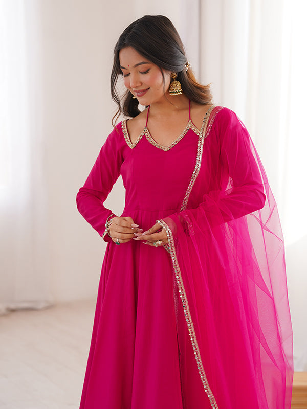 Dark Pink Roman Silk Chanderi Umbrella Flair Gown With Net Dupatta