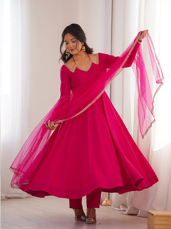 Dark Pink Roman Silk Chanderi Umbrella Flair Gown With Net Dupatta