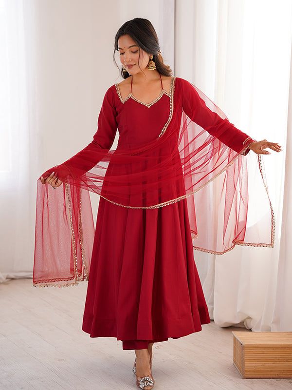 Maroon Roman Silk Chanderi Umbrella Flair Gown With Net Dupatta