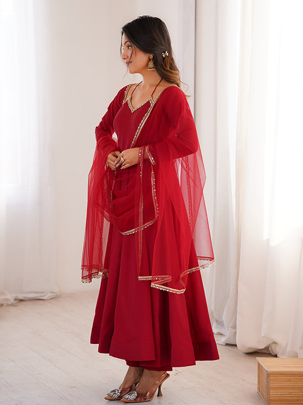 Maroon Roman Silk Chanderi Umbrella Flair Gown With Net Dupatta