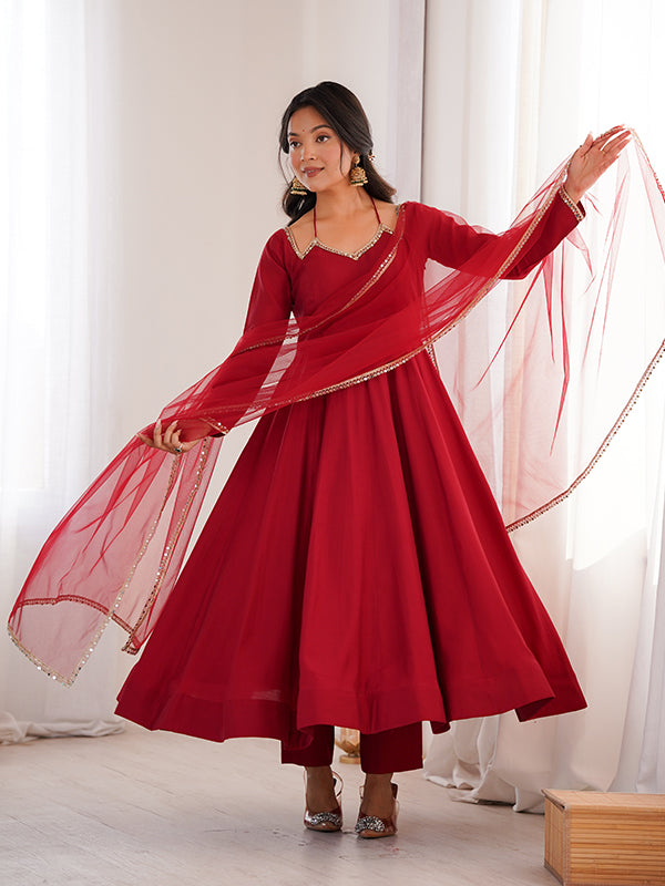 Maroon Roman Silk Chanderi Umbrella Flair Gown With Net Dupatta