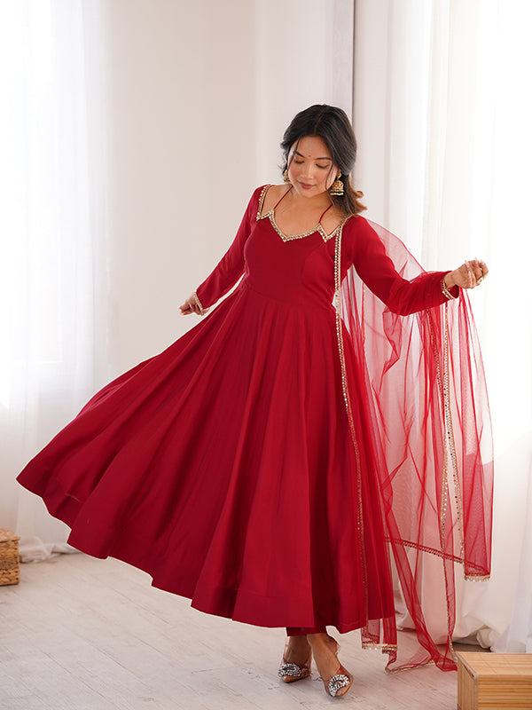 Maroon Roman Silk Chanderi Umbrella Flair Gown With Net Dupatta