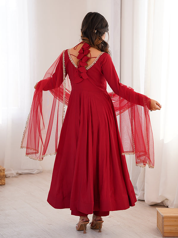 Maroon Roman Silk Chanderi Umbrella Flair Gown With Net Dupatta