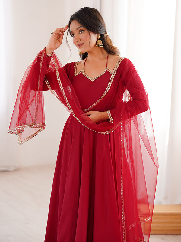 Maroon Roman Silk Chanderi Umbrella Flair Gown With Net Dupatta