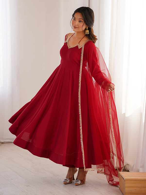 Maroon Roman Silk Chanderi Umbrella Flair Gown With Net Dupatta