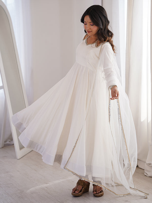 Off White Roman Silk Chanderi Umbrella Flair Gown With Net Dupatta