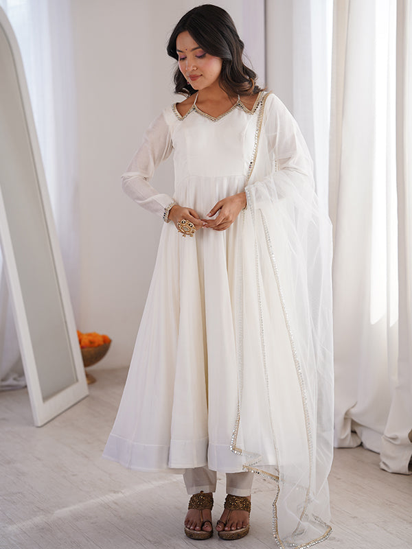 Off White Roman Silk Chanderi Umbrella Flair Gown With Net Dupatta