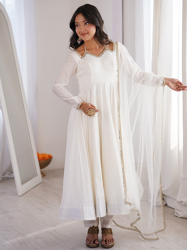 Off White Roman Silk Chanderi Umbrella Flair Gown With Net Dupatta