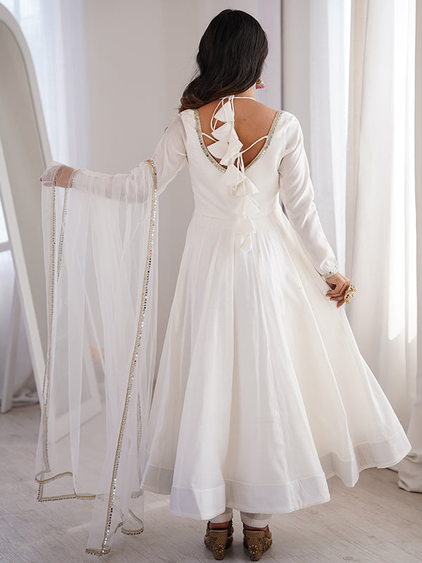 Off White Roman Silk Chanderi Umbrella Flair Gown With Net Dupatta