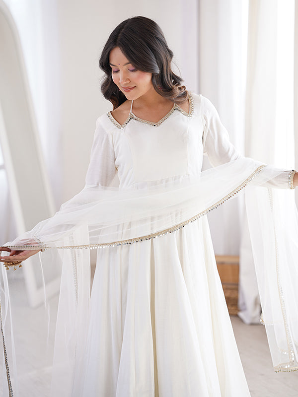 Off White Roman Silk Chanderi Umbrella Flair Gown With Net Dupatta
