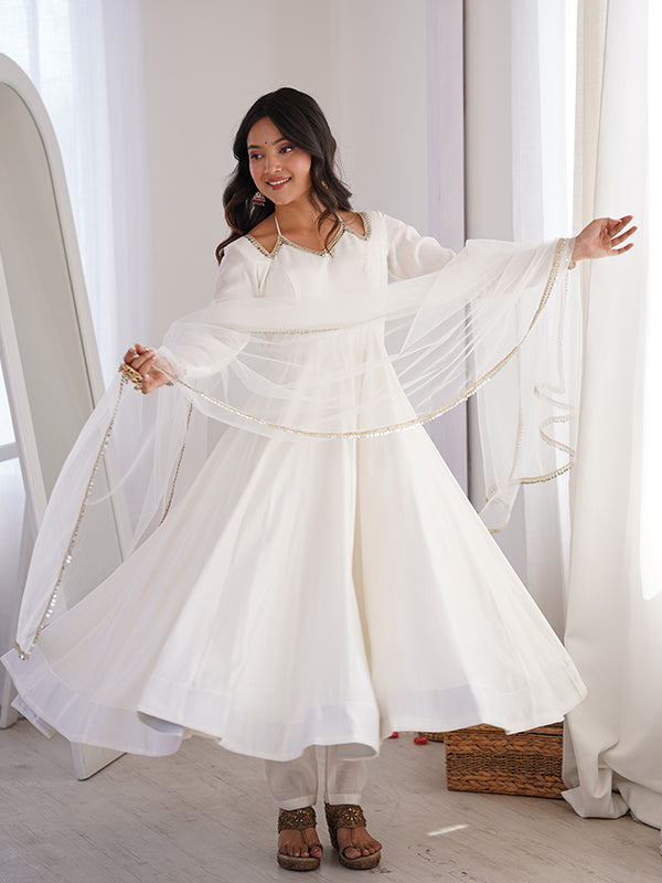 Off White Roman Silk Chanderi Umbrella Flair Gown With Net Dupatta