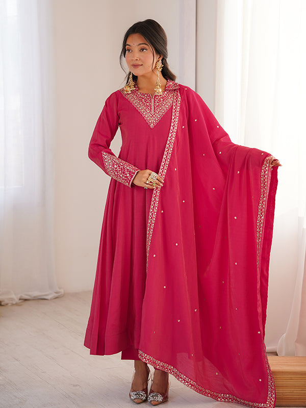 Hot Pink Sequence Jari Work Roman Shimmer Silk Anarkali Gown With Dupatta