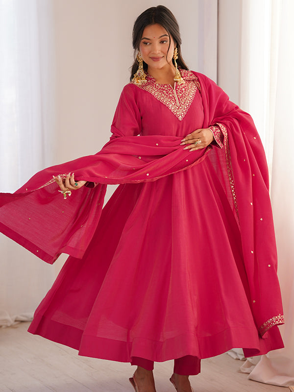 Hot Pink Sequence Jari Work Roman Shimmer Silk Anarkali Gown With Dupatta