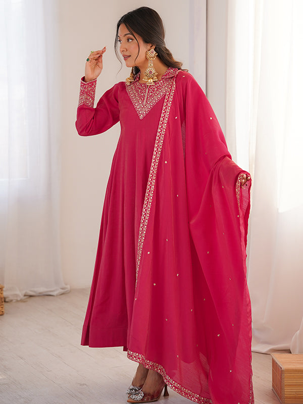 Hot Pink Sequence Jari Work Roman Shimmer Silk Anarkali Gown With Dupatta