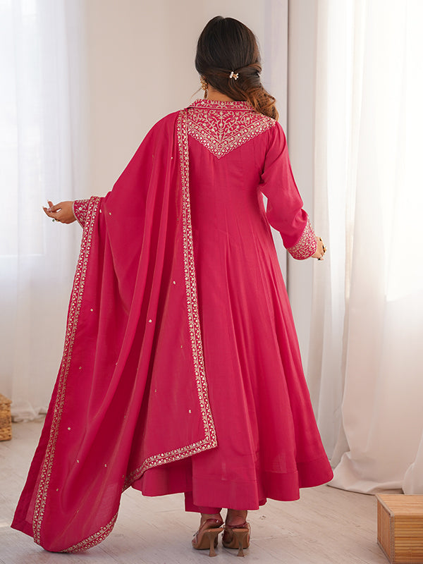 Hot Pink Sequence Jari Work Roman Shimmer Silk Anarkali Gown With Dupatta