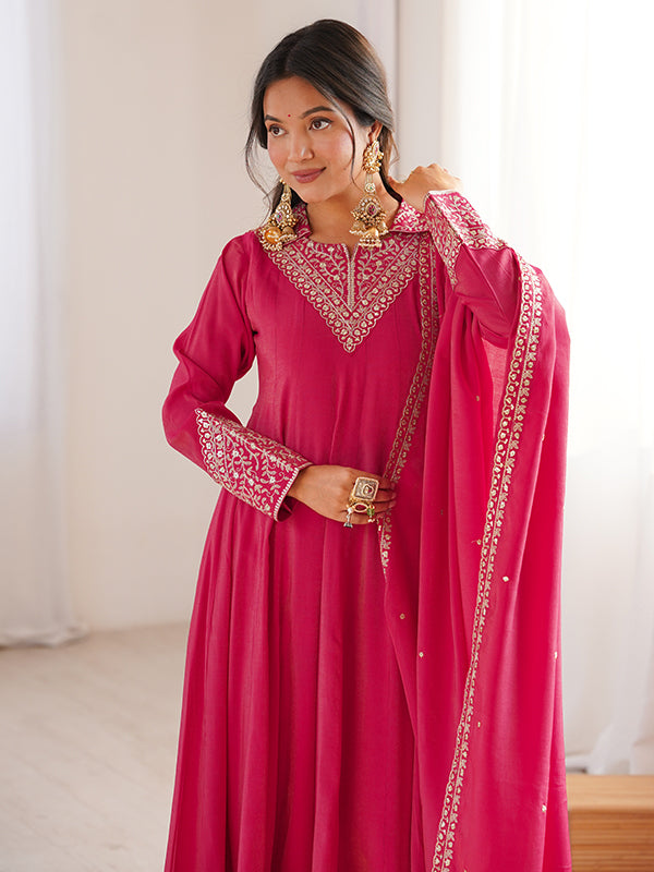 Hot Pink Sequence Jari Work Roman Shimmer Silk Anarkali Gown With Dupatta