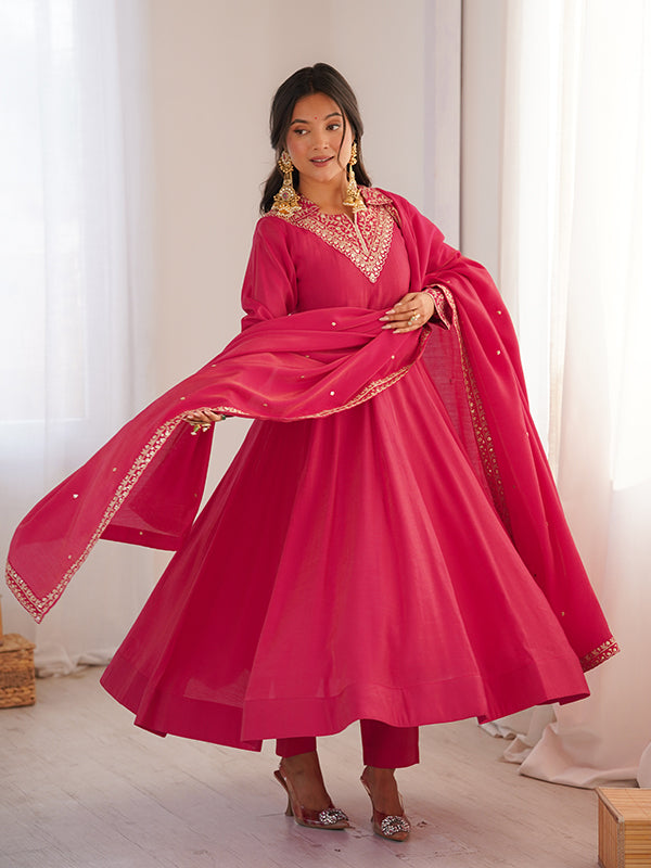 Hot Pink Sequence Jari Work Roman Shimmer Silk Anarkali Gown With Dupatta