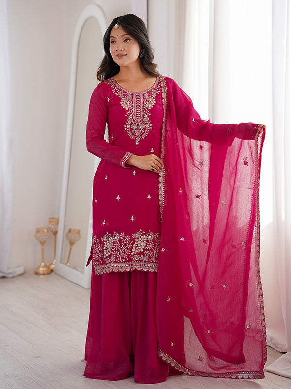 Rani Pink Embroidery Sequence Work Crunchy Silk Kurti Sharara With Dupatta