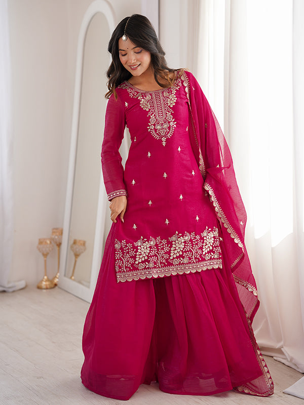 Rani Pink Embroidery Sequence Work Crunchy Silk Kurti Sharara With Dupatta
