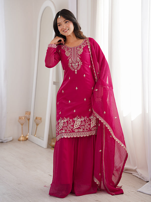 Rani Pink Embroidery Sequence Work Crunchy Silk Kurti Sharara With Dupatta