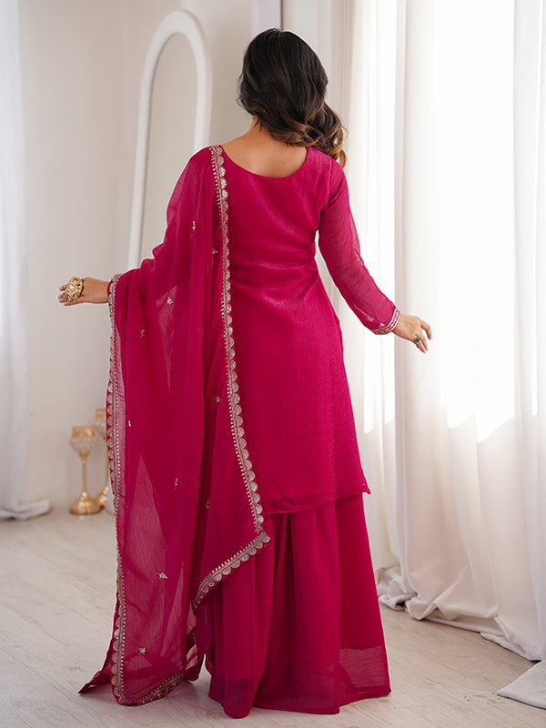 Rani Pink Embroidery Sequence Work Crunchy Silk Kurti Sharara With Dupatta