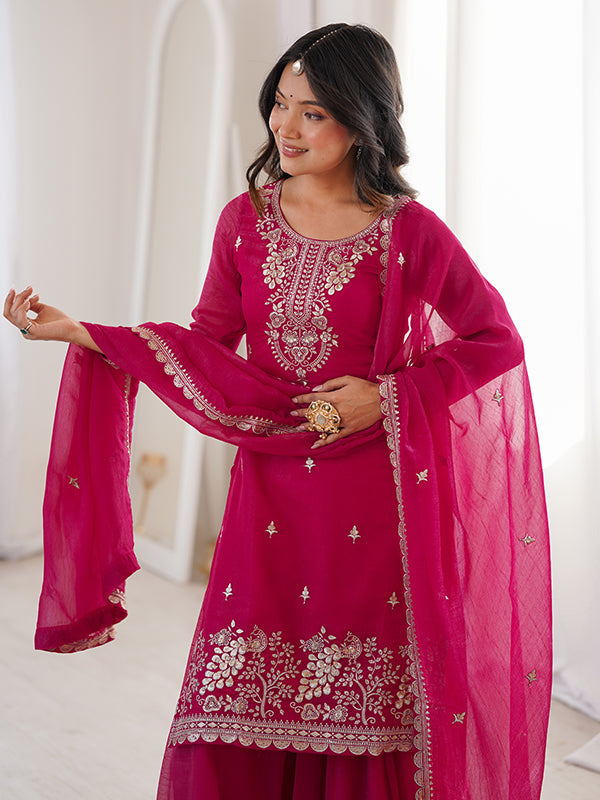 Rani Pink Embroidery Sequence Work Crunchy Silk Kurti Sharara With Dupatta