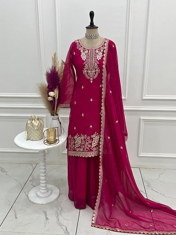 Rani Pink Embroidery Sequence Work Crunchy Silk Kurti Sharara With Dupatta