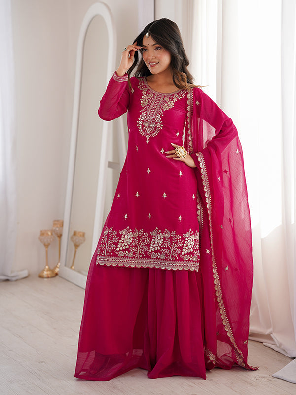 Rani Pink Embroidery Sequence Work Crunchy Silk Kurti Sharara With Dupatta