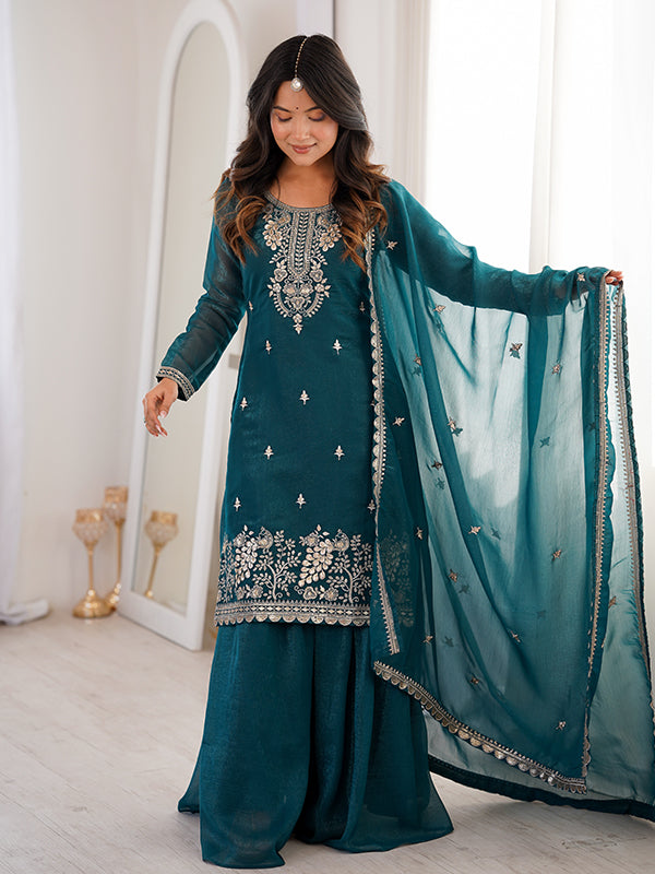 Teal Blue Embroidery Sequence Work Crunchy Silk Kurti Sharara With Dupatta