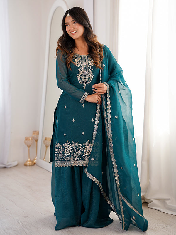 Teal Blue Embroidery Sequence Work Crunchy Silk Kurti Sharara With Dupatta